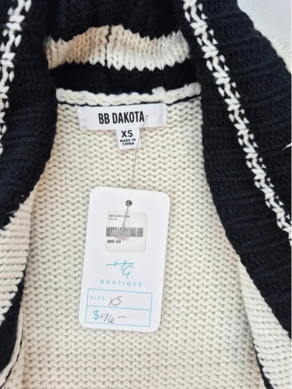 BB Dakota Oversize Ivory Black Stripe Knit Open Front Fringe Cardigan Women's XS